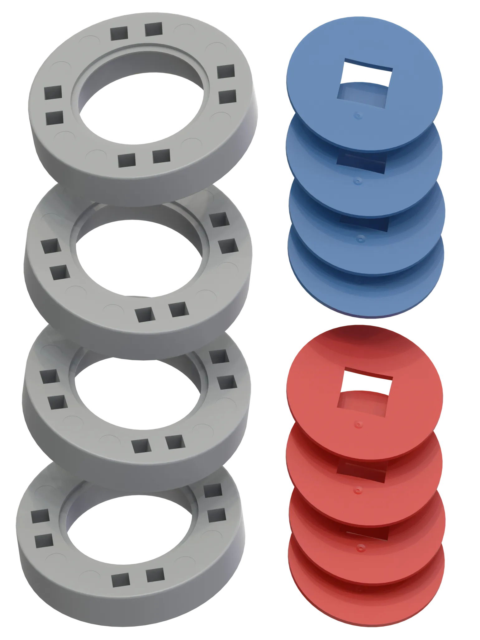 BIG Wheels – 4 Grey wheels with 4 blue and 4 red hubs