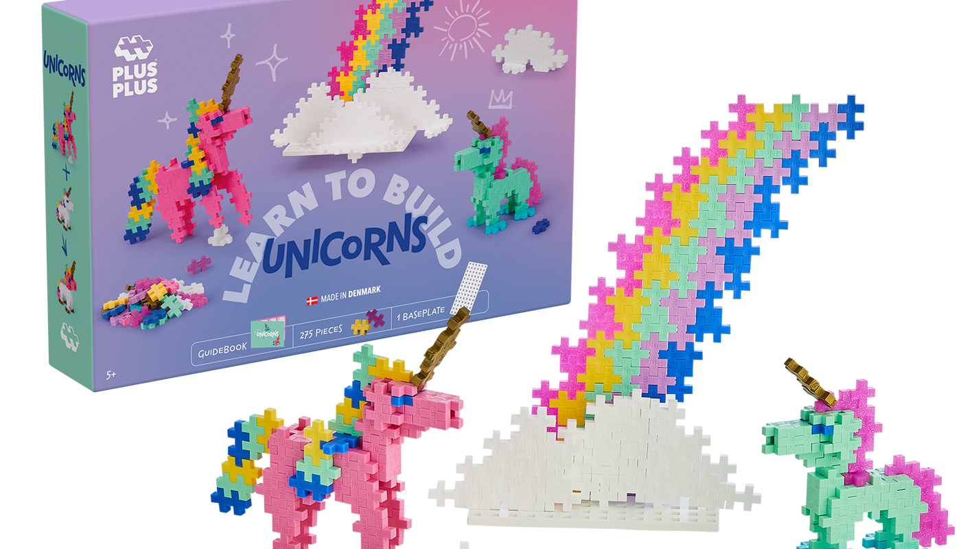 Colourful Learn to Build Unicorns set with 275 Plus-Plus pieces and building plate – create your own magical unicorn with imaginative and creative play
