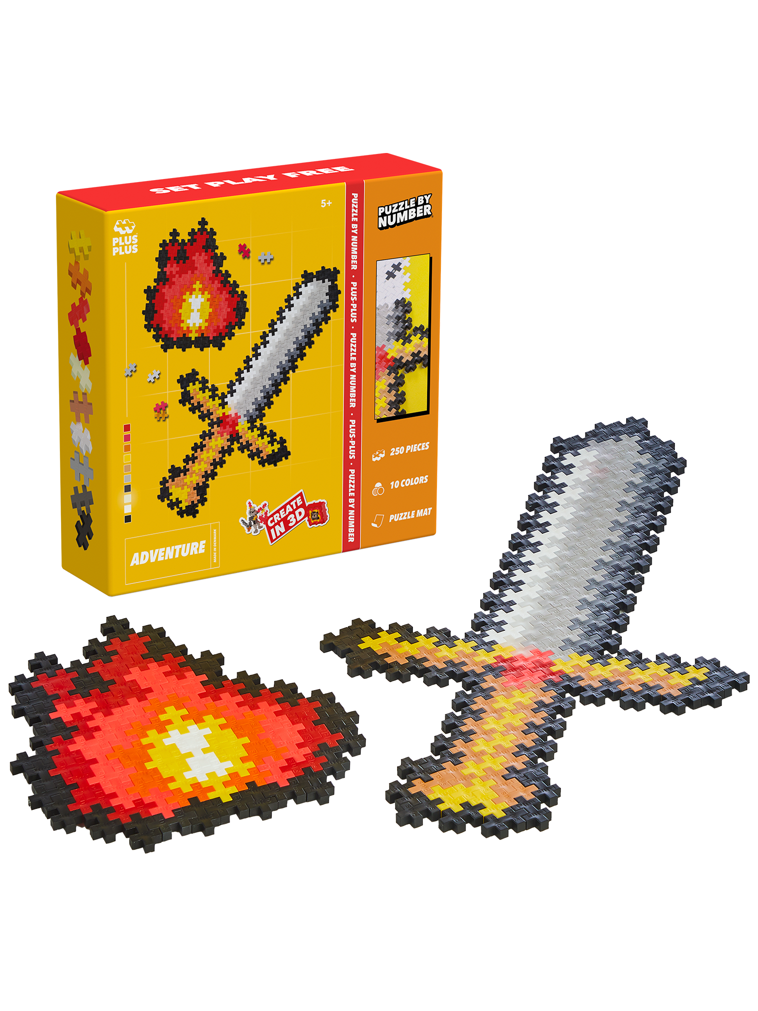 Plus-Plus Puzzle By Number Adventure set with 250 colorful pieces for creating a 2D sword and flame by matching numbers and colors using the included template