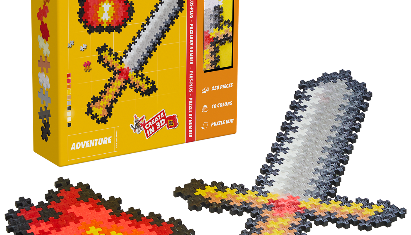 Plus-Plus Puzzle By Number Adventure set with 250 colorful pieces for creating a 2D sword and flame by matching numbers and colors using the included template