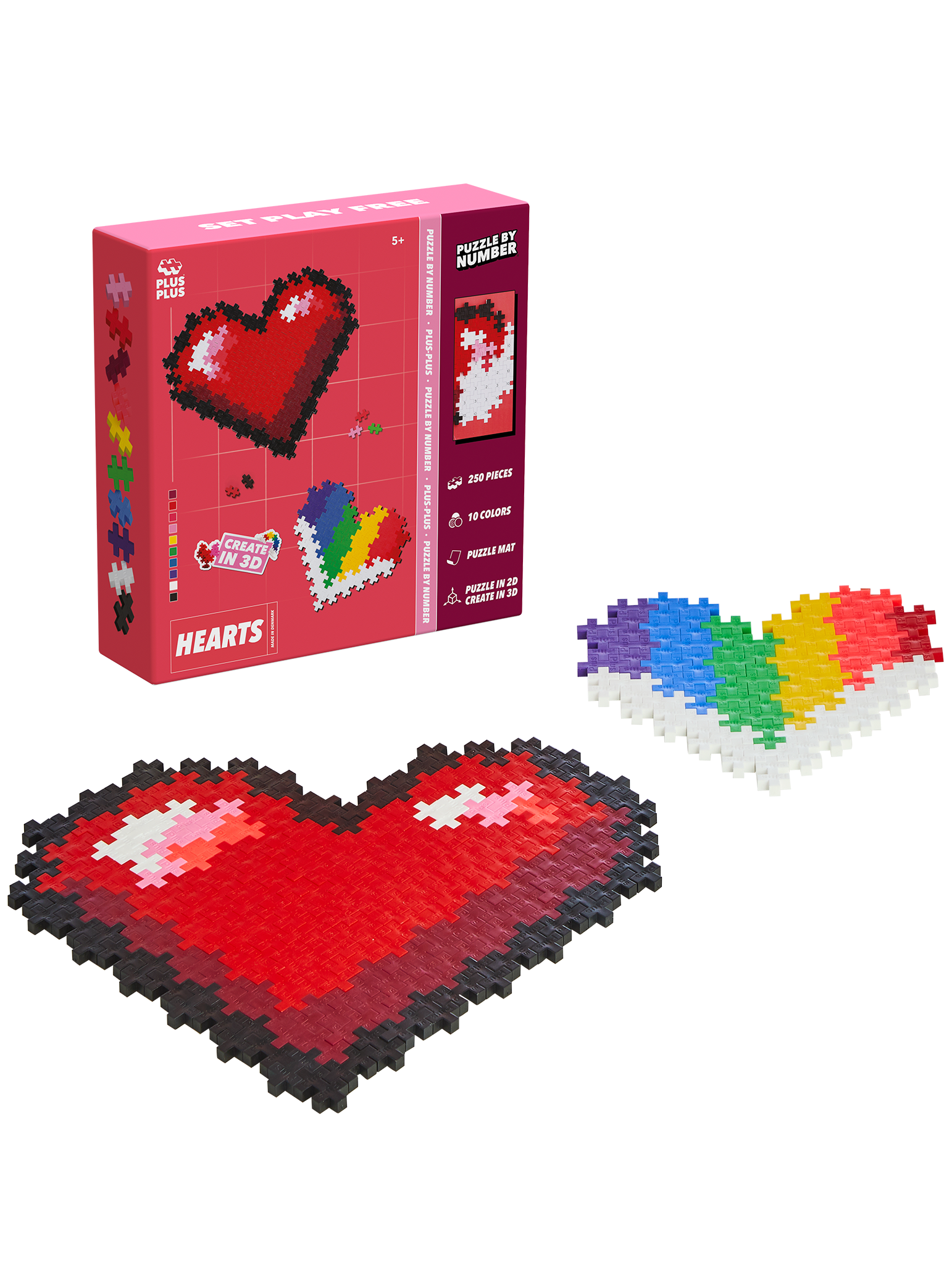 Puzzle By Number Hearts set with 250 colourful Plus-Plus pieces for building heart-shaped designs by matching numbers and colours on a template