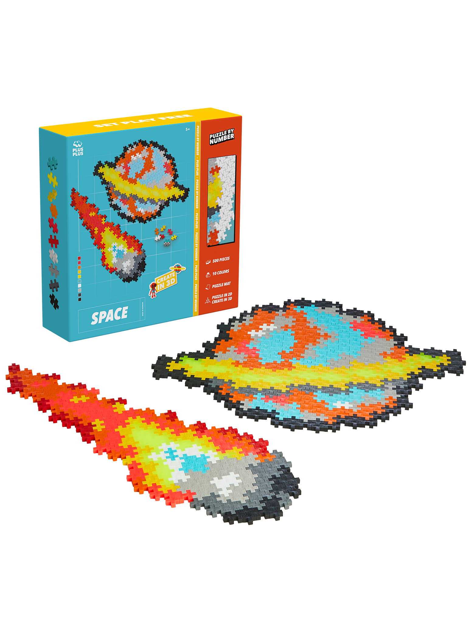 Puzzle By Number Space set with 500 colourful Plus-Plus pieces – build stars, planets, spaceships, and space creatures using numbers and colours in a fun, educational puzzle for kids and adults