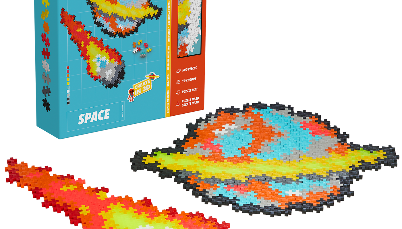Puzzle By Number Space set with 500 colourful Plus-Plus pieces – build stars, planets, spaceships, and space creatures using numbers and colours in a fun, educational puzzle for kids and adults