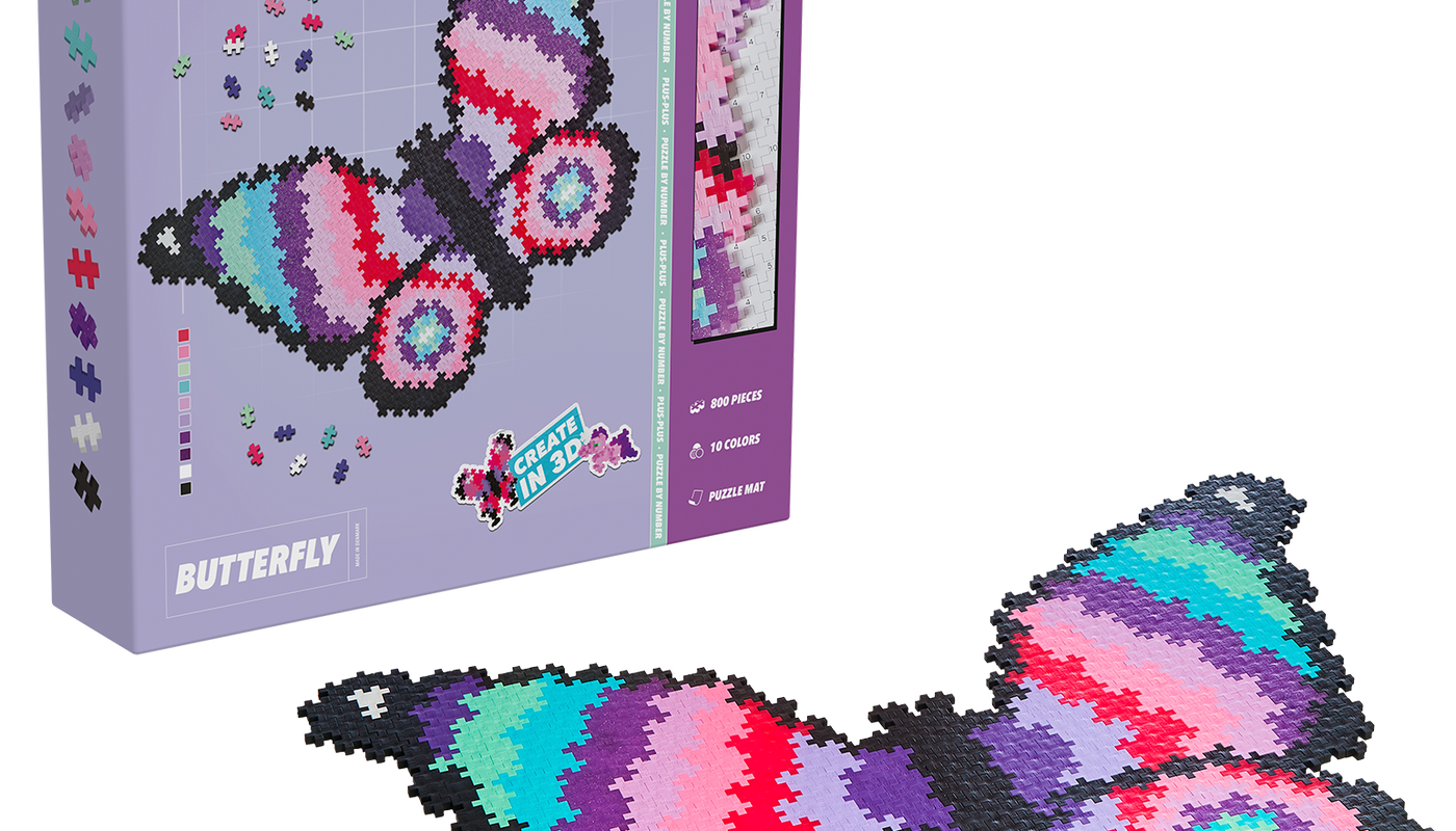 Plus-Plus Puzzle By Number Butterfly set with 800 colourful pieces and template to build a large 2D butterfly by matching numbers and colours