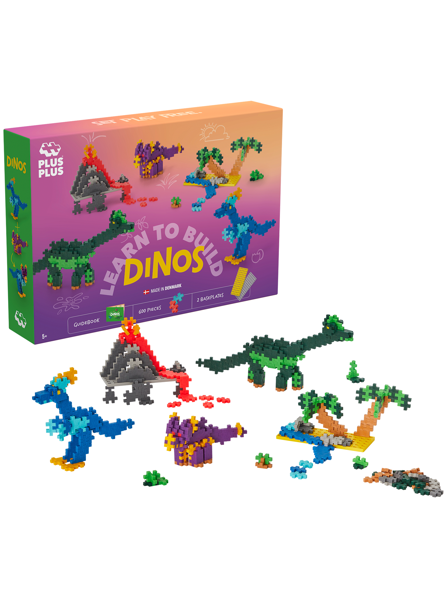 Plus-Plus Learn to Build Dinosaurs set with 600 colourful pieces and 2 building plates for creating 3D dinosaur figures like brontosaurus, triceratops, and velociraptor