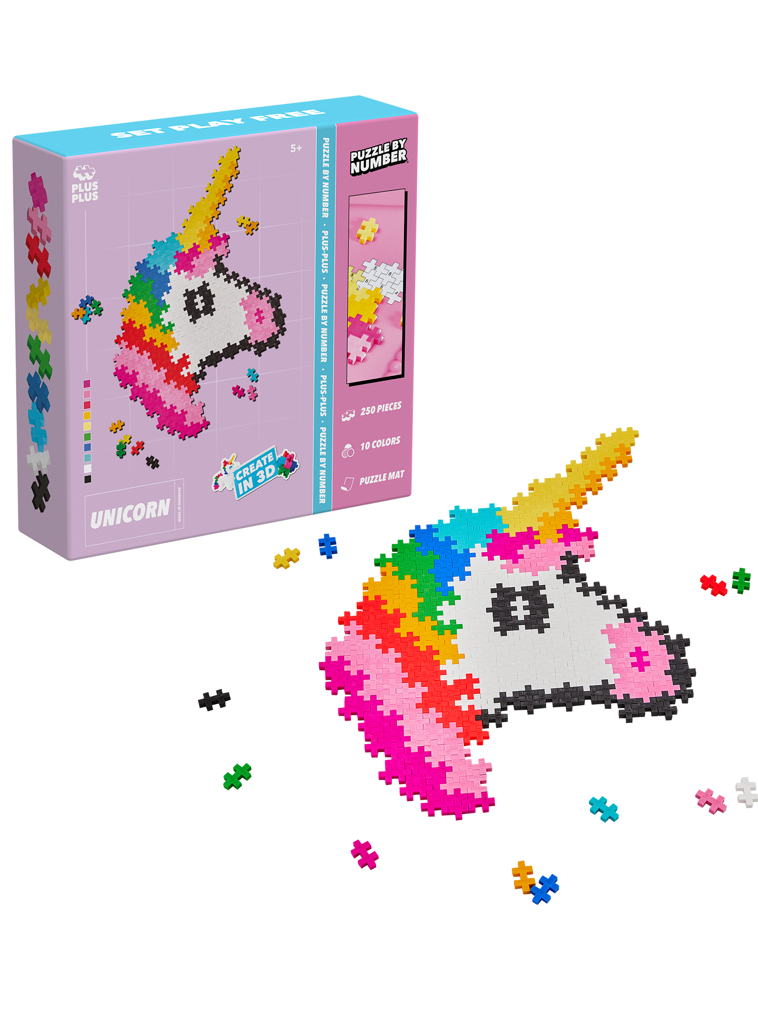 Plus-Plus Puzzle By Number Unicorn set with 250 colorful pieces to build a 2D unicorn design using a color-by-number guide