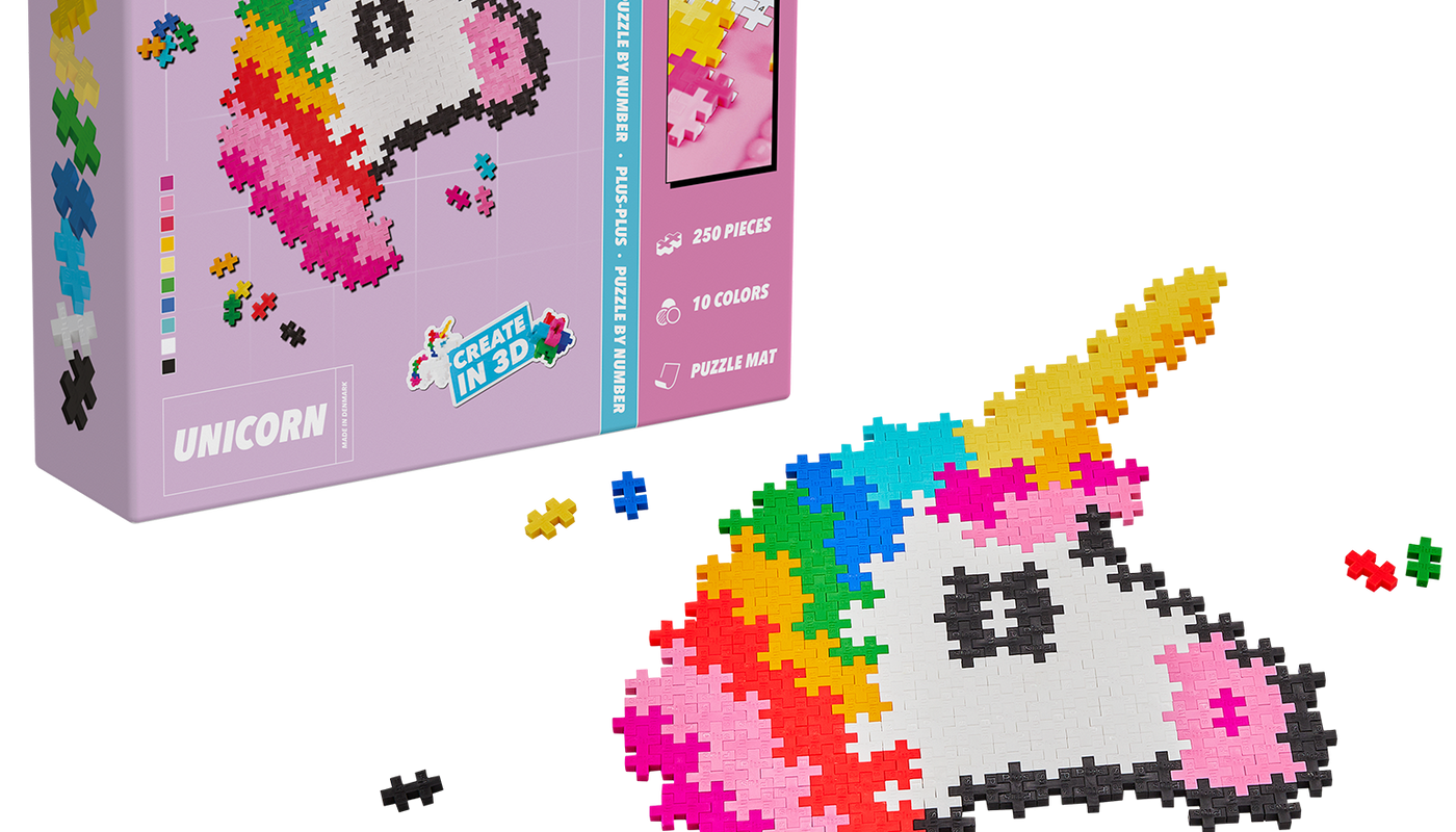 Plus-Plus Puzzle By Number Unicorn set with 250 colorful pieces to build a 2D unicorn design using a color-by-number guide