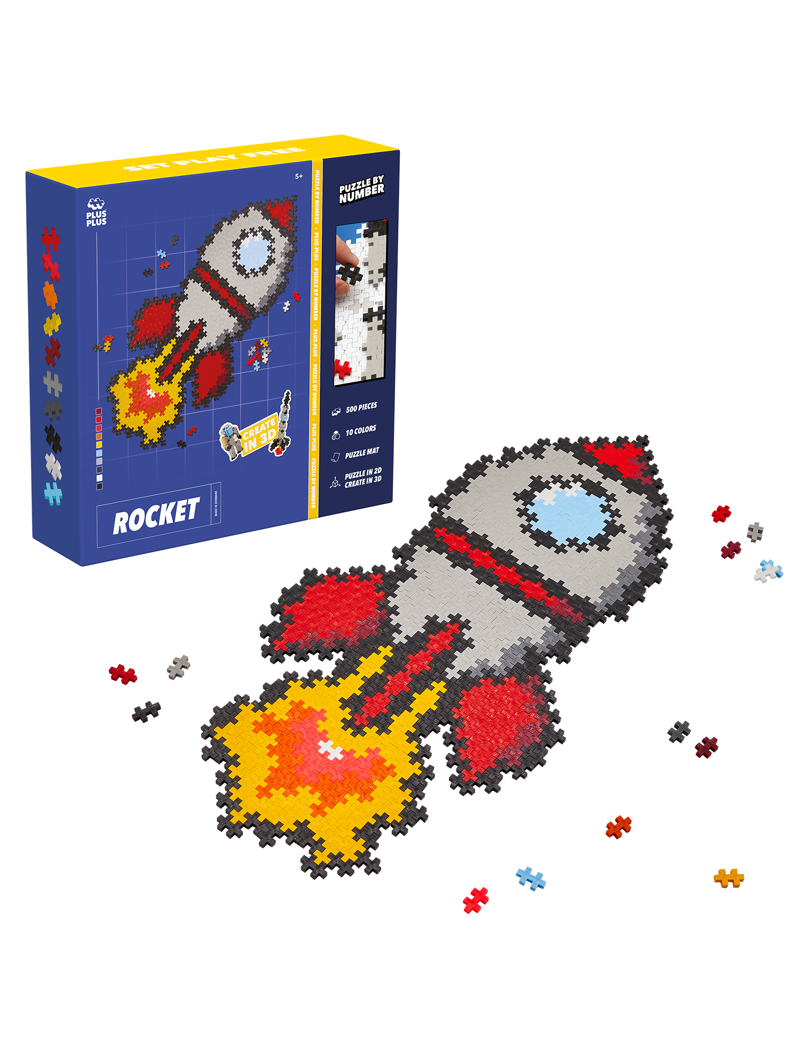 Plus-Plus Puzzle By Number Space Rocket set with 250 colorful pieces to build a 2D rocket by matching numbers and colors using the included template