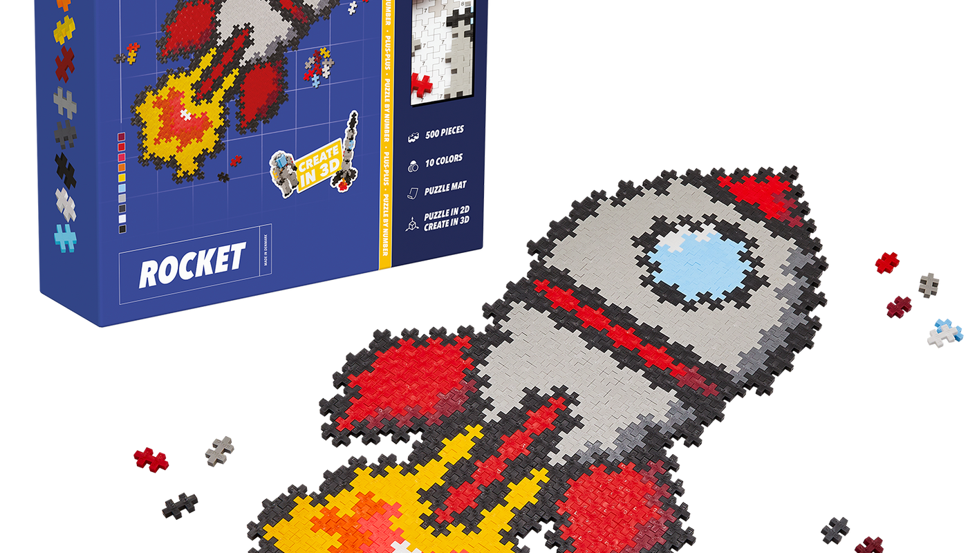 Plus-Plus Puzzle By Number Space Rocket set with 250 colorful pieces to build a 2D rocket by matching numbers and colors using the included template