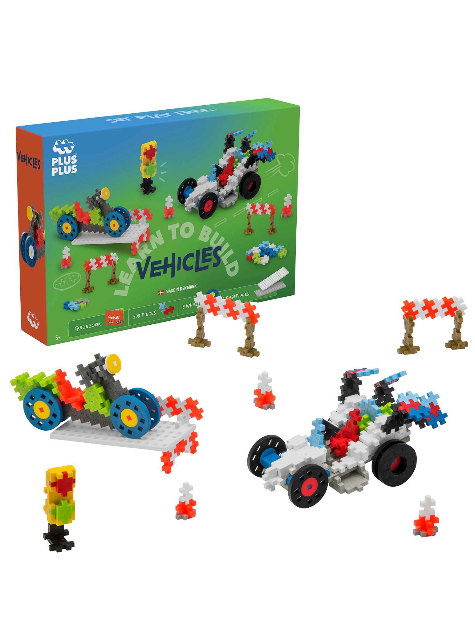 Plus-Plus Learn to Build Go Cars set with colourful bricks, 2 building plates, and 9 wheels – create fast, custom cars and unique vehicle designs for imaginative play
