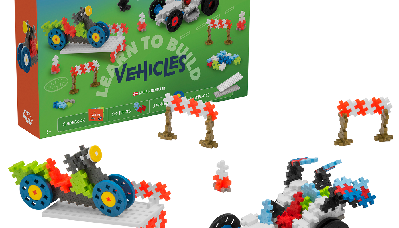 Plus-Plus Learn to Build Go Cars set with colourful bricks, 2 building plates, and 9 wheels – create fast, custom cars and unique vehicle designs for imaginative play