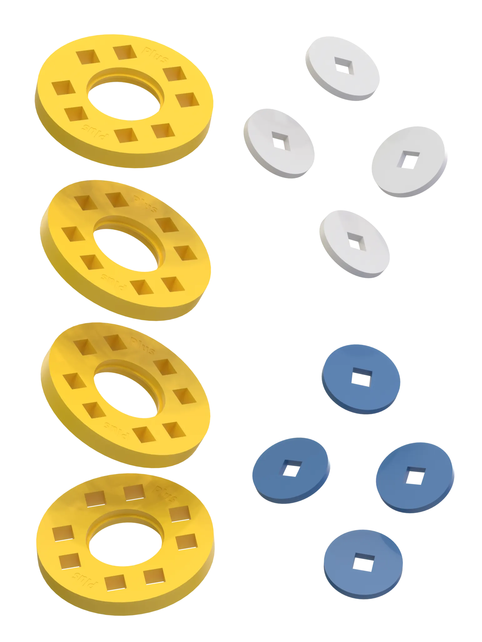 Wheels – 4 Yellow wheels with 4 white and 4 blue hubs