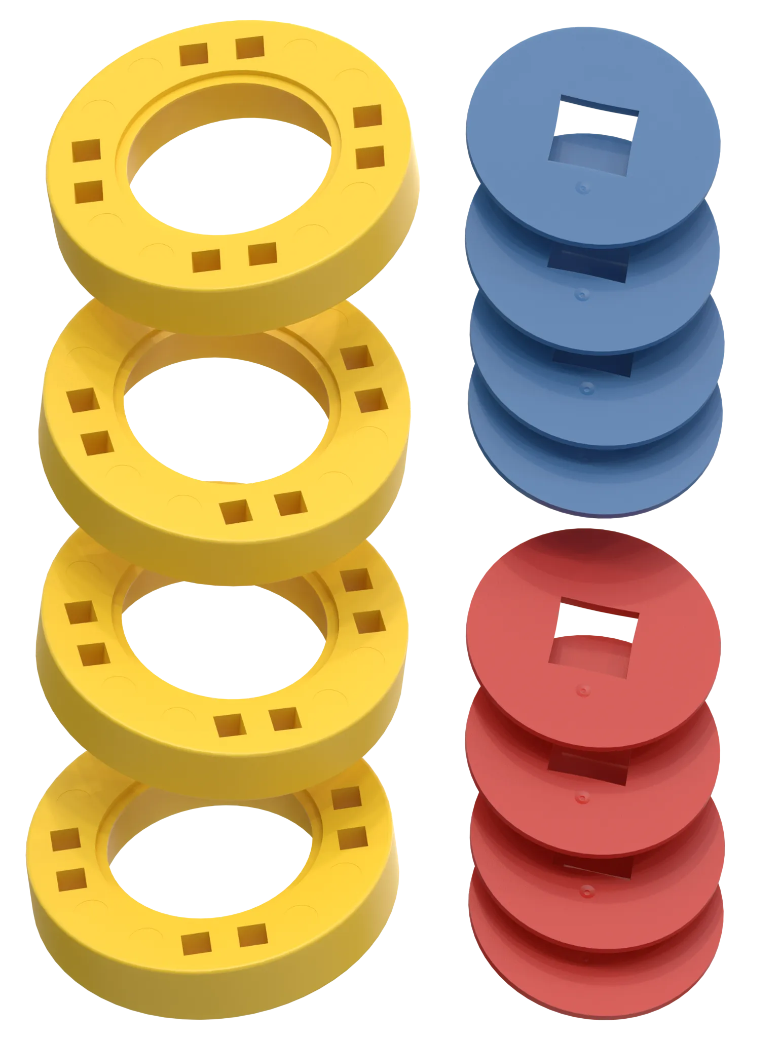 BIG Wheels – 4 Yellow wheels with 4 blue and 4 red hubs