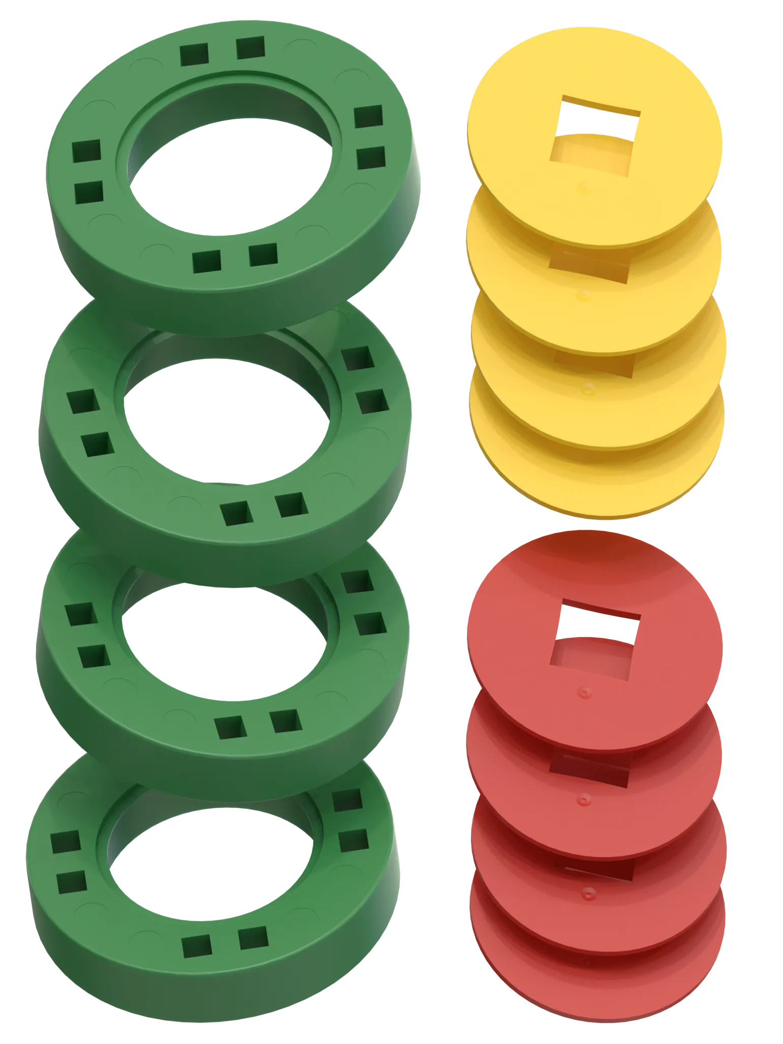 BIG Wheels – 4 Green wheels with 4 yellow and 4 red hubs