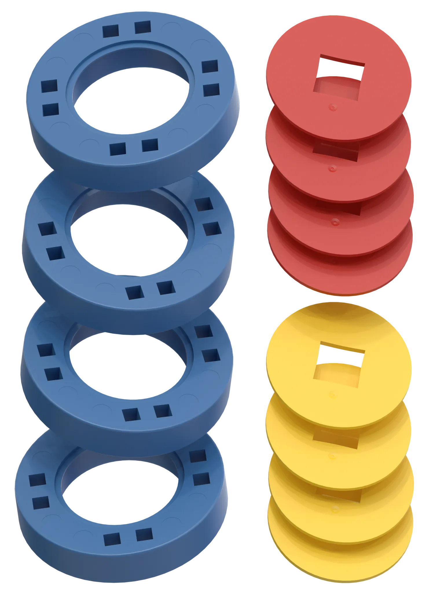 BIG Wheels – 4 Blue wheels with 4 red and 4 yellow hubs